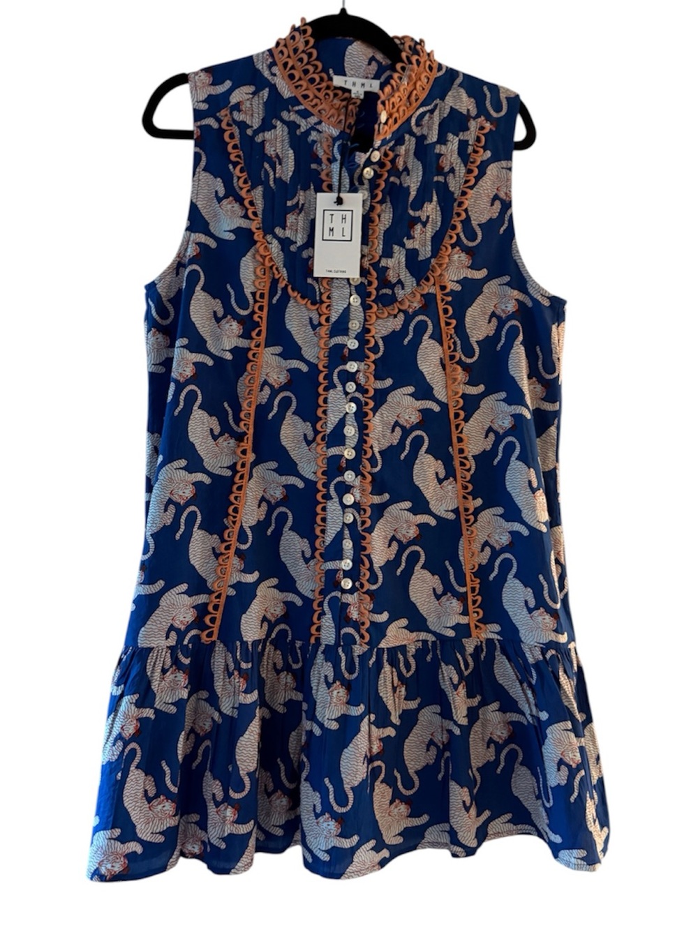 NWT - THML Blue Sleeveless Ruffle Hem Dress with Pink Accent